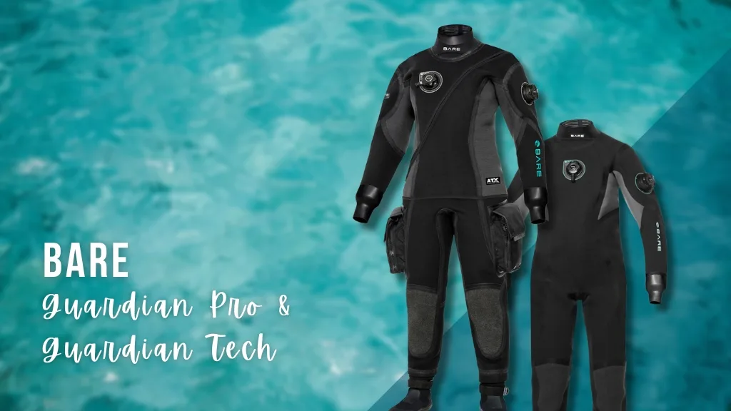 Two women's drysuits on a blurred blue background. Overlaid white text reads "BARE - Guardian Pro & Guardian Tech"