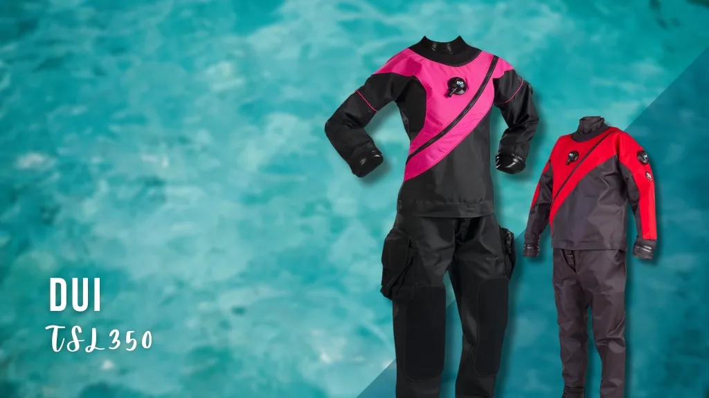 Two women's drysuits on a blurred blue background. Overlaid white text reads "DUI - TSL350"