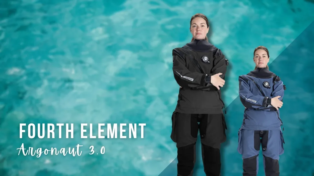 Two women's drysuits on a blurred blue background. Overlaid white text reads "Fourth Element - Argonaut 3.0"