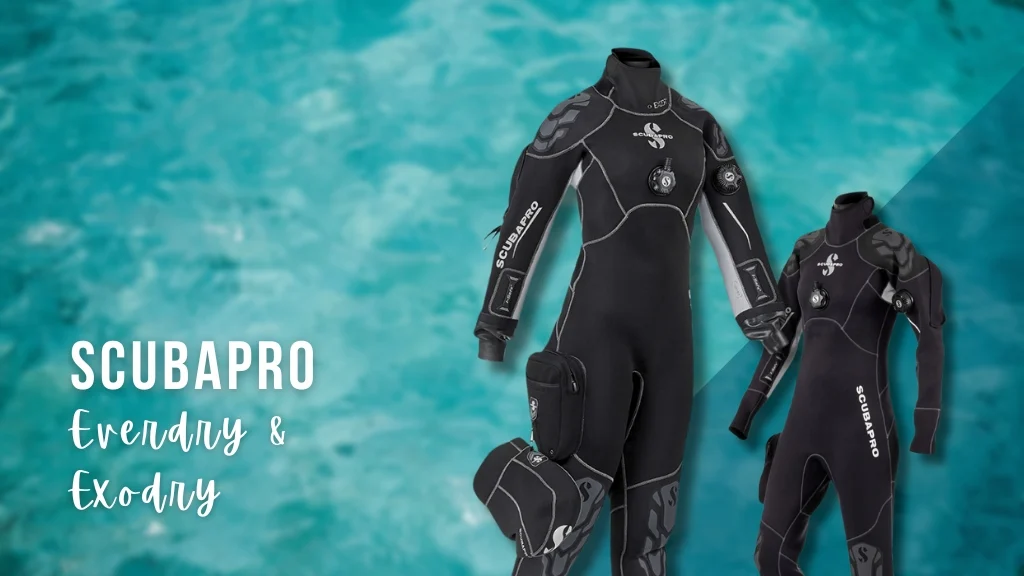 Two women's drysuits on a blurred blue background. Overlaid white text reads "Scubapro - Everdry & Exodry"