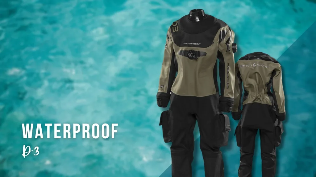 Two women's drysuits on a blurred blue background. Overlaid white text reads "Waterproof - D3"