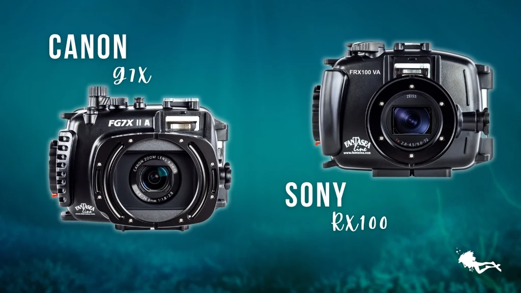 The Sony RX100 underwater camera housing and the Canon G7X housing against a blurred, blue ocean background. 