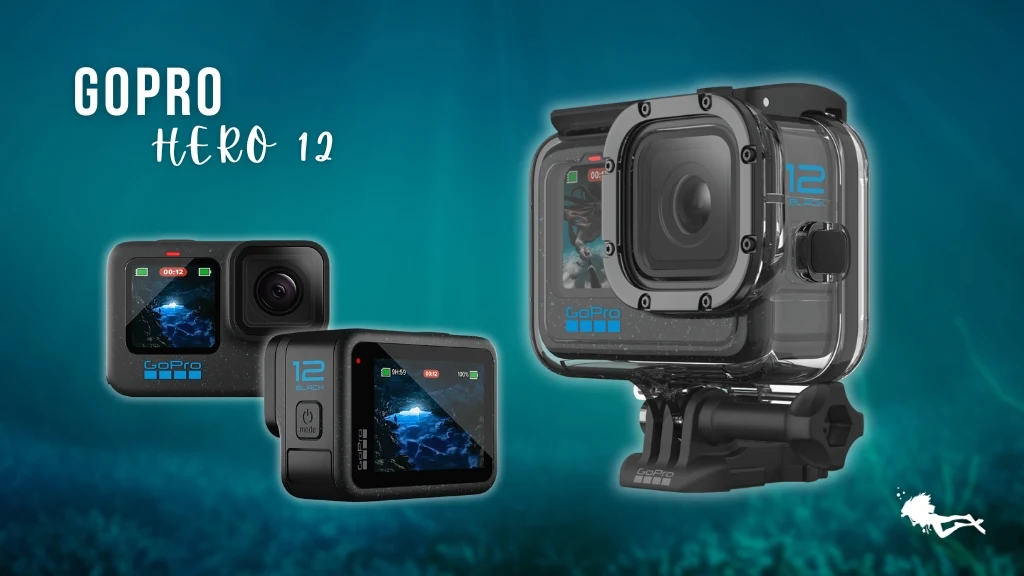 The GoPro HERO 12 action camera 
against a blurred, blue ocean background. 