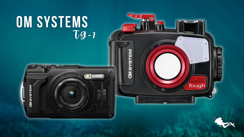 The OM Systems TG-7 Camera and underwater housing against a blurred, blue ocean background. 