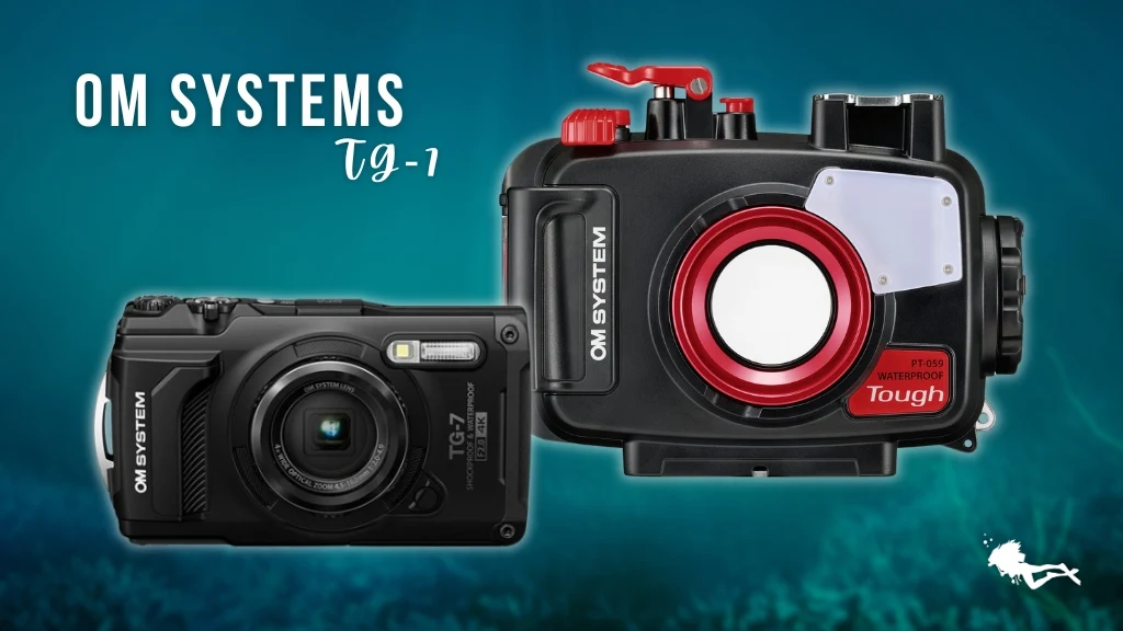 The OM Systems TG-7 Camera and underwater housing against a blurred, blue ocean background. 