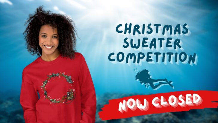 A black woman is wearing a red sweater with Santa in a sleigh pulled by sharks. The background is a blurred underwater image. Overlaid text reads "CHRISTMAS SWEATER COMPETITION - NOW CLOSED"