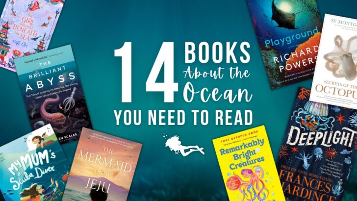 A selection of ocean-themed books sit against a blue background, with overlaid white text reading "Books about the ocean you need to read"